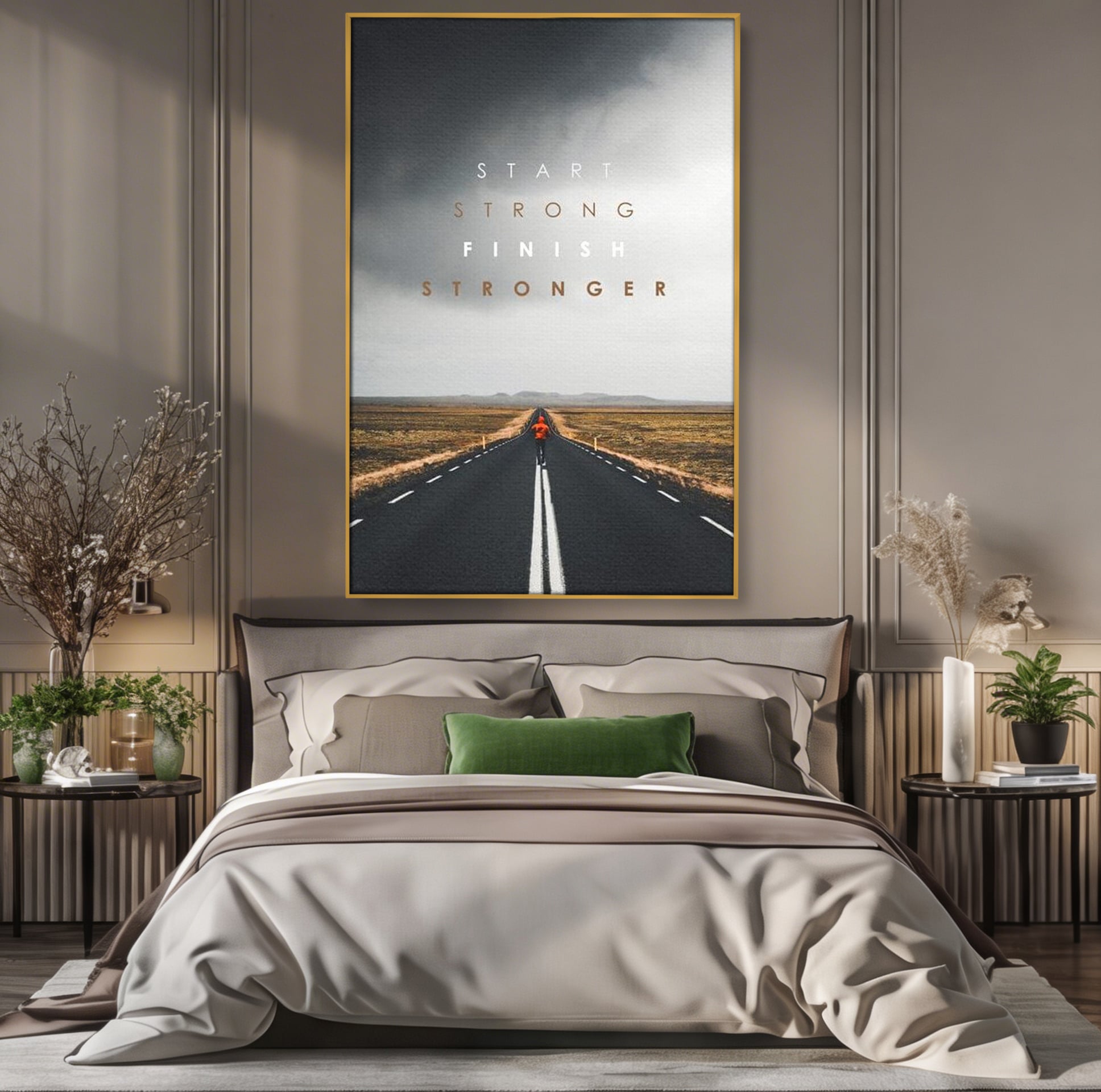 Tablou canvas cu tablou canvas cu alergator pe sosea, in rama de aluminiu auriu, pe perete intr-un dormitor